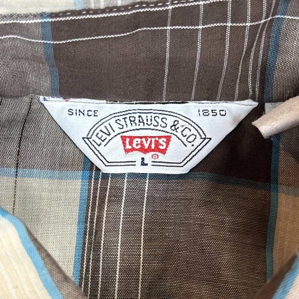 VTG Levi's Strauss Mens Western L Short Sleeve Pearl Snap Shirt Brown Plaid 80's